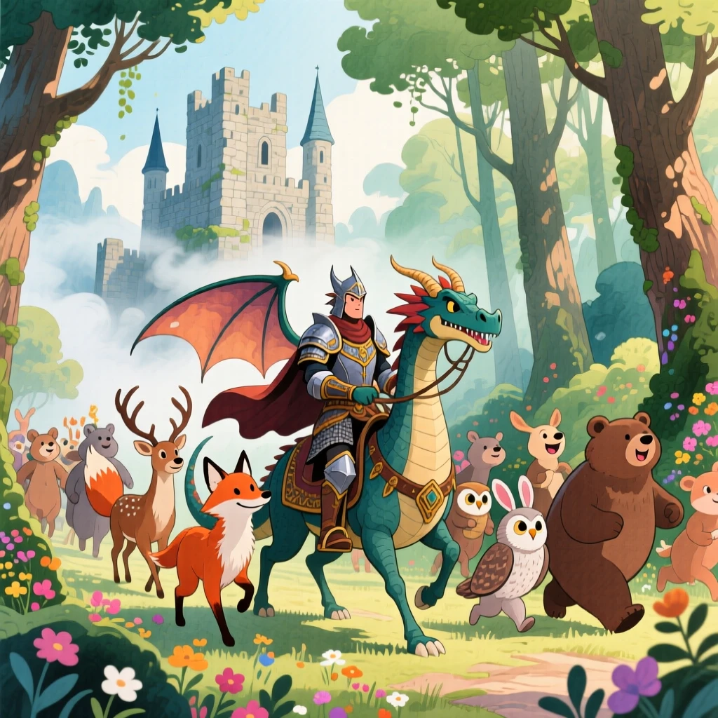 A dragon rider leading a parade of woodland creatures through the forest, in an ancient castle wrapped in mist, evoking a sense of epic adventure and courage.