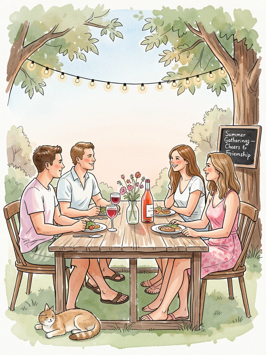 A group of friends toasting together at an outdoor summer dinner party, the everyday moment made memorable by its quiet sincerity.