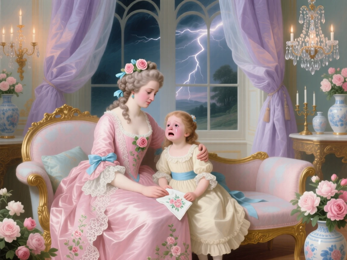 A princess comforting a frightened child during a thunderstorm  
