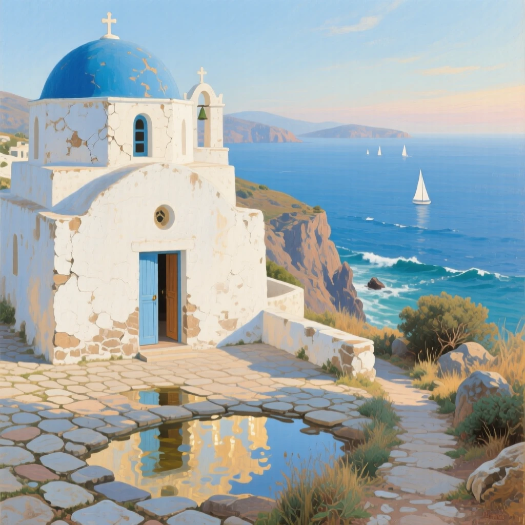 A quiet Greek island chapel with a blue dome overlooking the Aegean Sea, as reflections shimmer across nearby water or wet pavement, radiating the unique charm and grandeur of world architecture