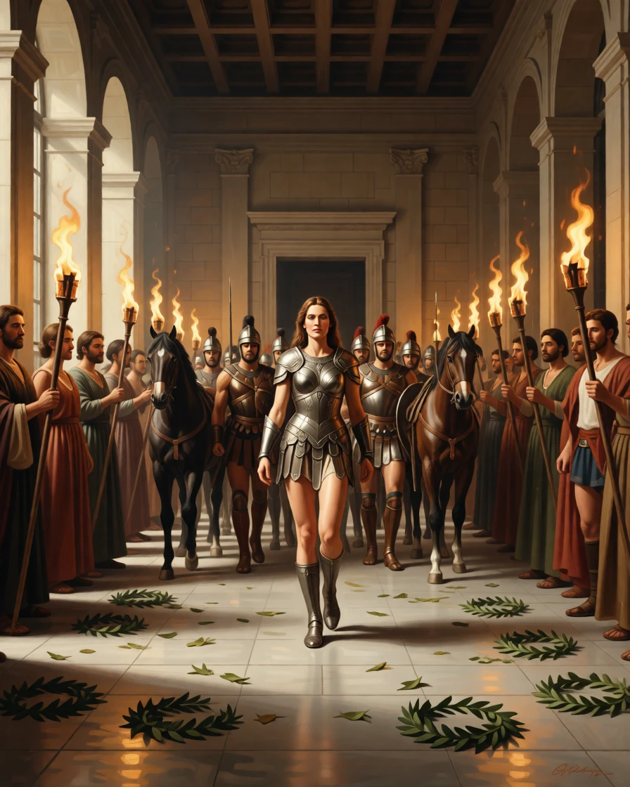 The Amazon queen Hippolyta leading her warriors into battle at the height of a decisive and unforgettable moment, set within a torch-lit palace hall of gleaming stone, surrounded by kneeling attendants, war horses, and scattered laurel wreaths; the crowd forms a natural frame around the central action, charged with heroic resolve and quiet foreboding.