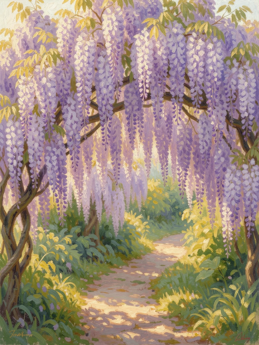 A cascading wisteria arbor in full bloom, purple blossoms hanging like curtains over a garden path, inspiring awe at the beauty of the scene.