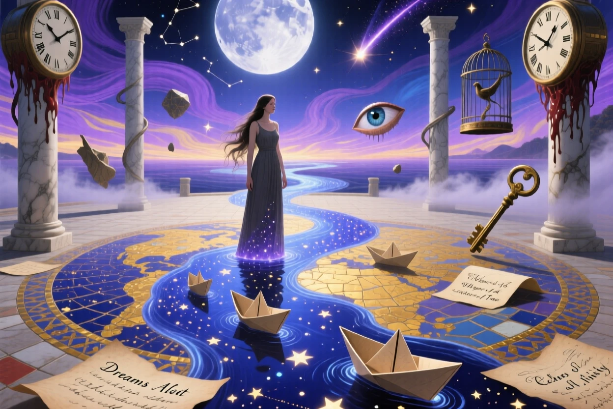 A woman whose hair flows into a river of stars stands motionless at the center of a quiet plaza, as tiny paper boats drift past their feet.
