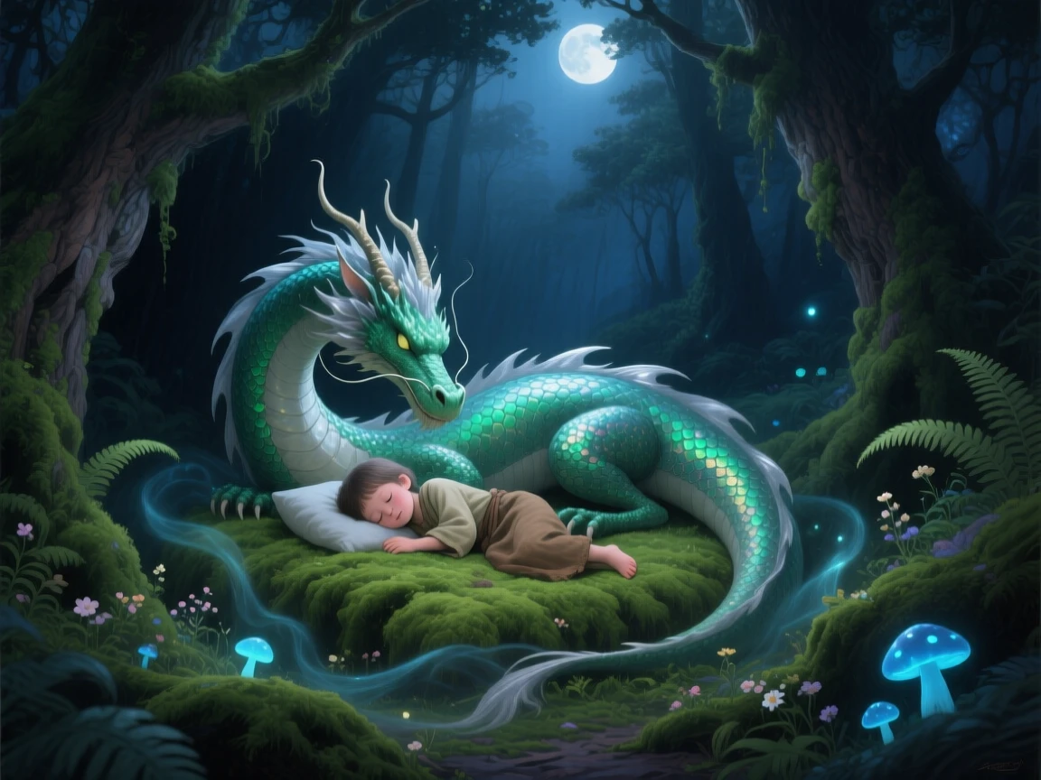 A gentle dragon curls protectively around a sleeping child in a moss-covered forest hollow, its scales glinting softly in filtered moonlight, faint traces of light or energy drifting through the air to heighten the sense of magic.