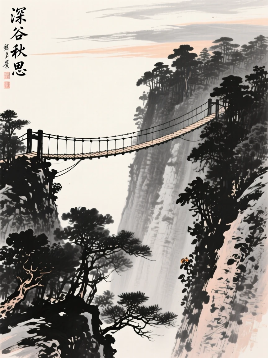 A narrow rope bridge sways gently above a deep forested ravine, beneath a sky tinged with the colors of early evening.