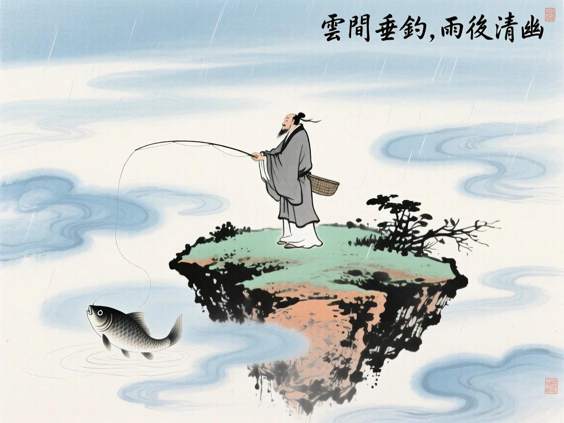An immortal fisherman casting a line from a floating island in the clouds, touched with gentle melancholy, just after a rain shower.
