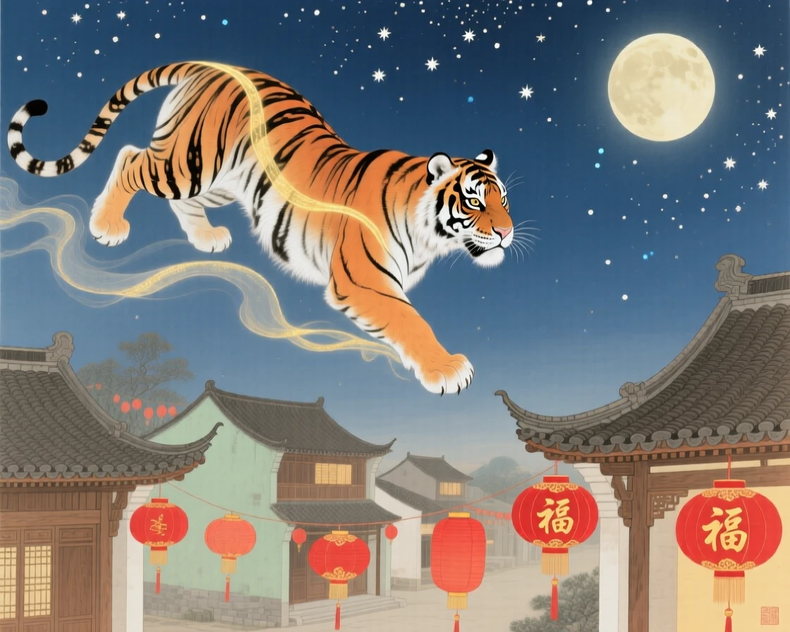 A spirit tiger with faintly glowing stripes above a village during a starlit festival