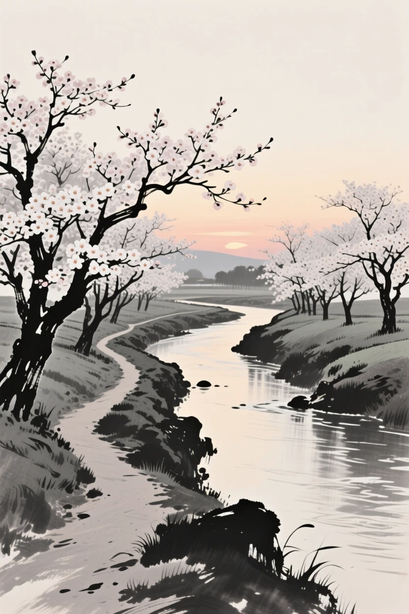 A quiet orchard in full bloom along a river path as evening shadows stretch long across the land, captured from a narrow path winding into the depth of the scene, carrying a feeling of timeless peace and stillness.
