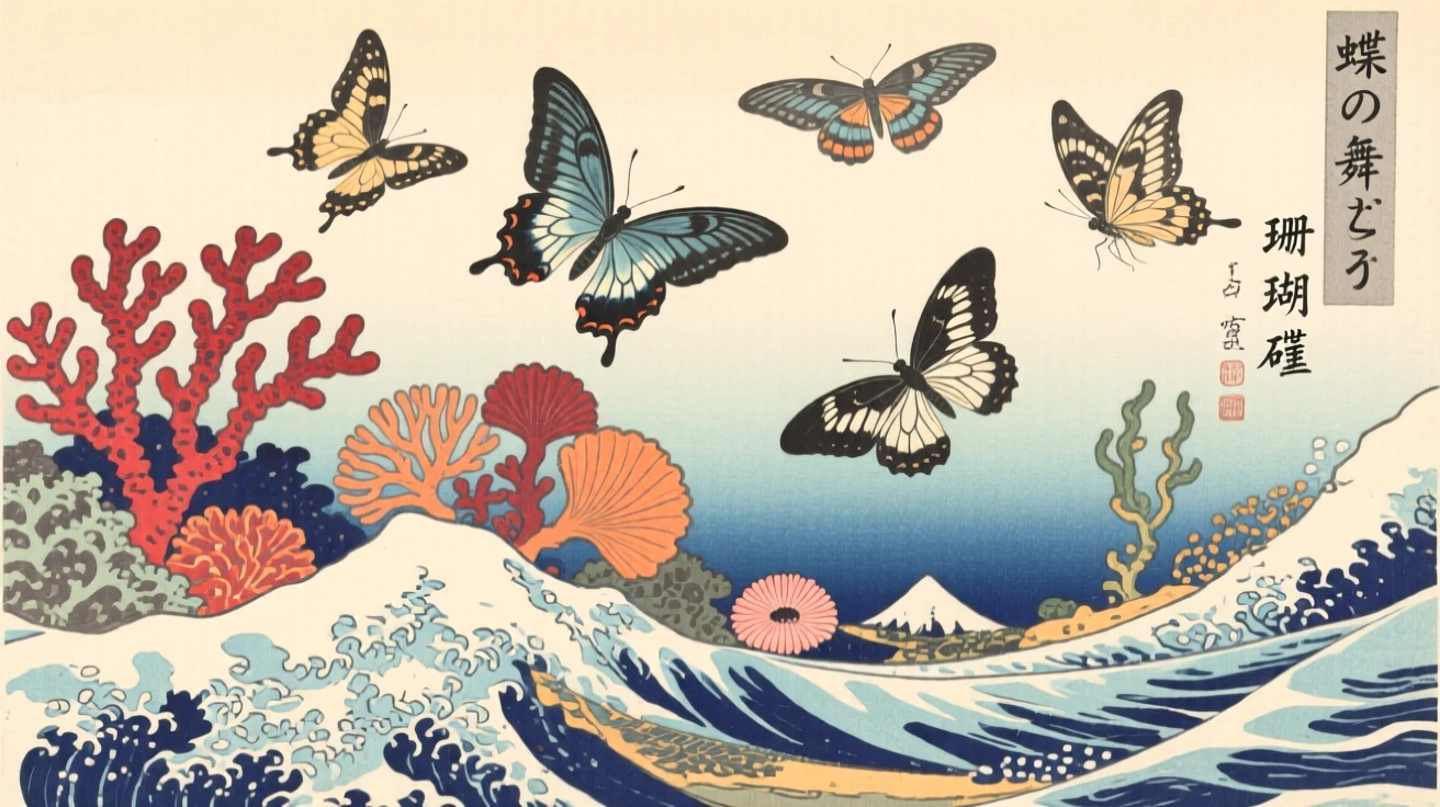A cluster of butterflies gliding above a coral reef.