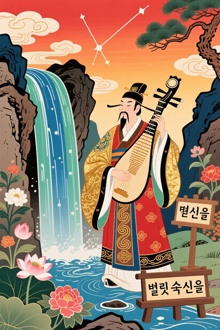 A court astronomer playing a haunting melody on an ancient string instrument beside a waterfall, under a