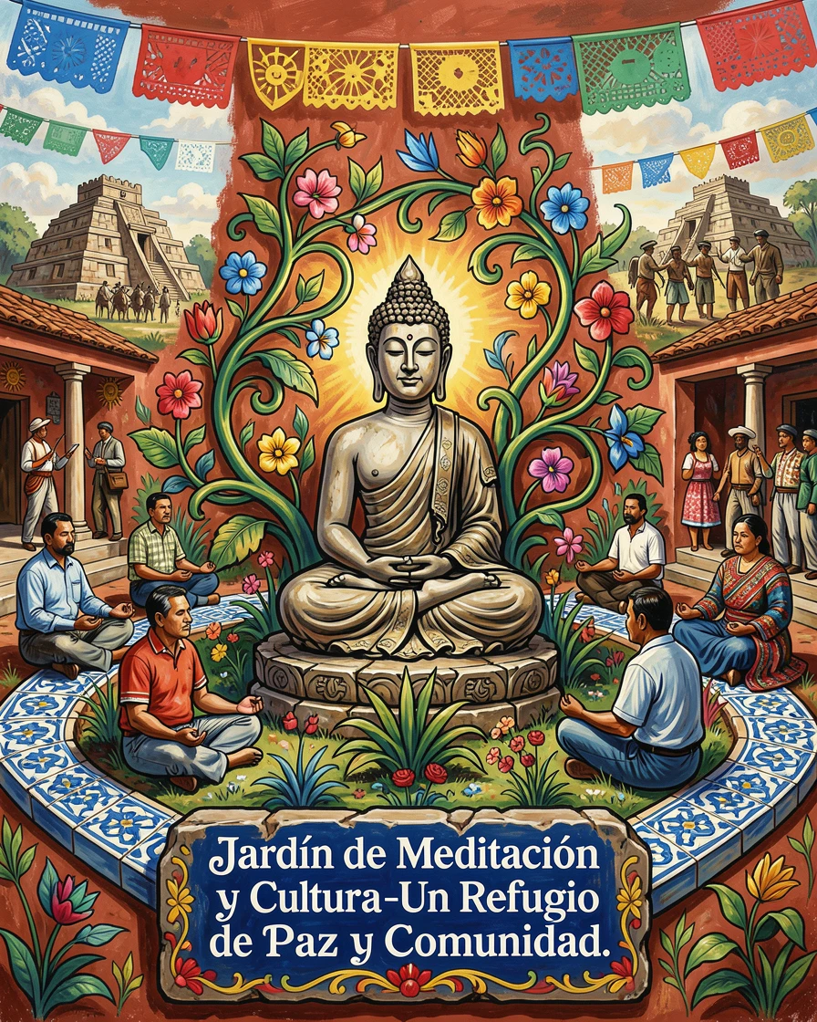 A quiet meditation garden with a stone Buddha statue