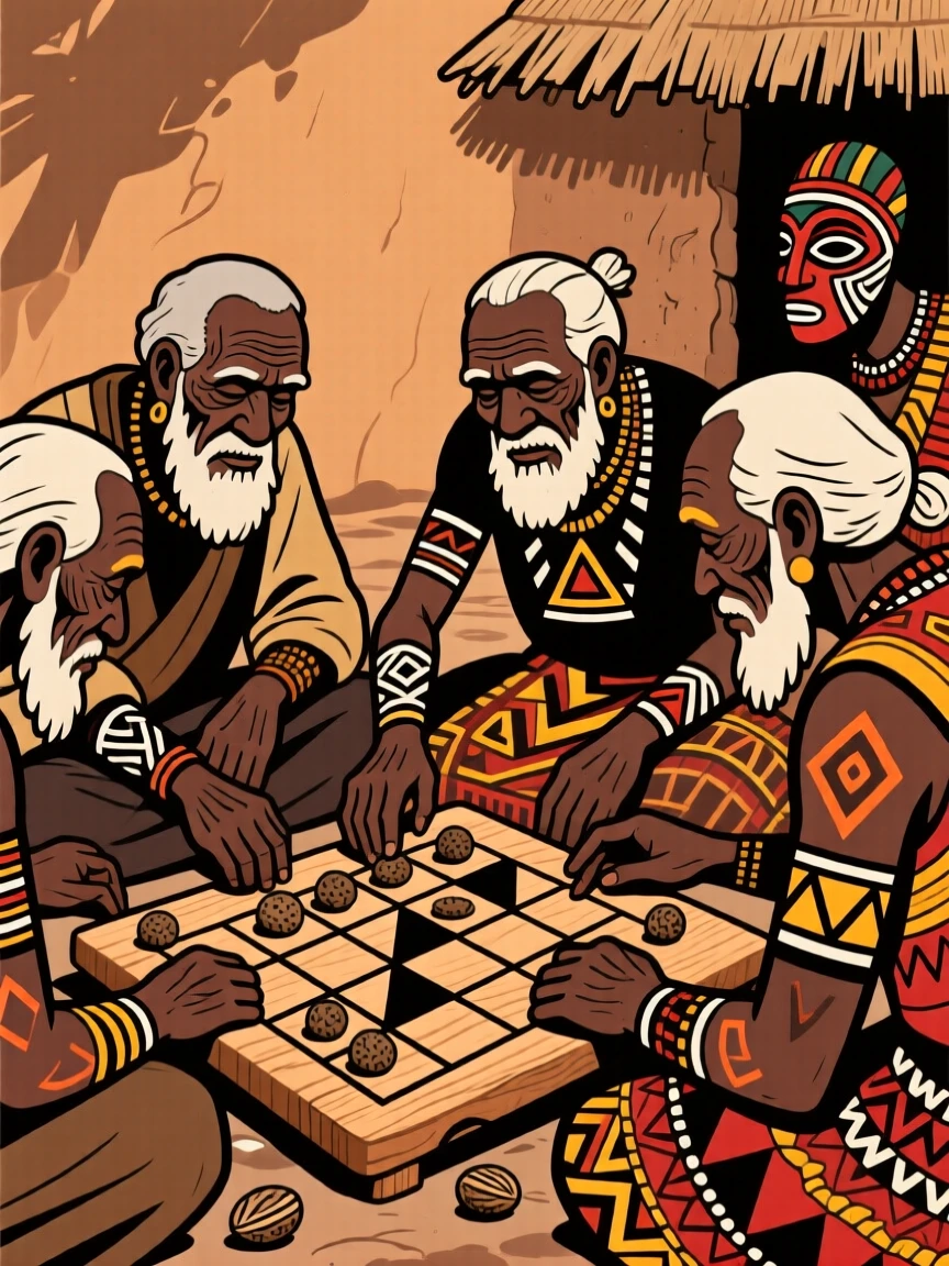 A group of elders playing a traditional board game.