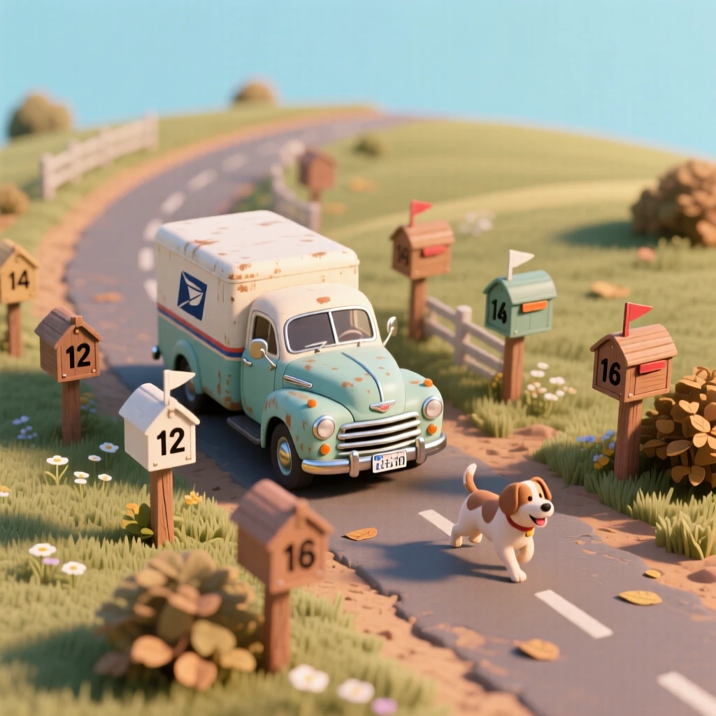 A vintage mail delivery truck winding through a rural countryside, mailboxes lining the road, and a dog trotting alongside.