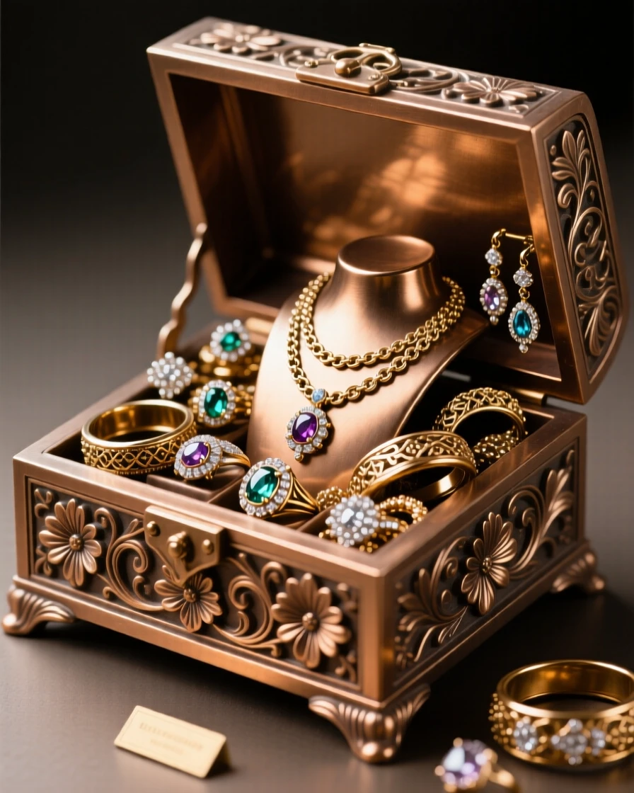 An elegant jewelry box overflowing with treasures, rendered with exquisite, luminous detail, radiating elegance and refinement