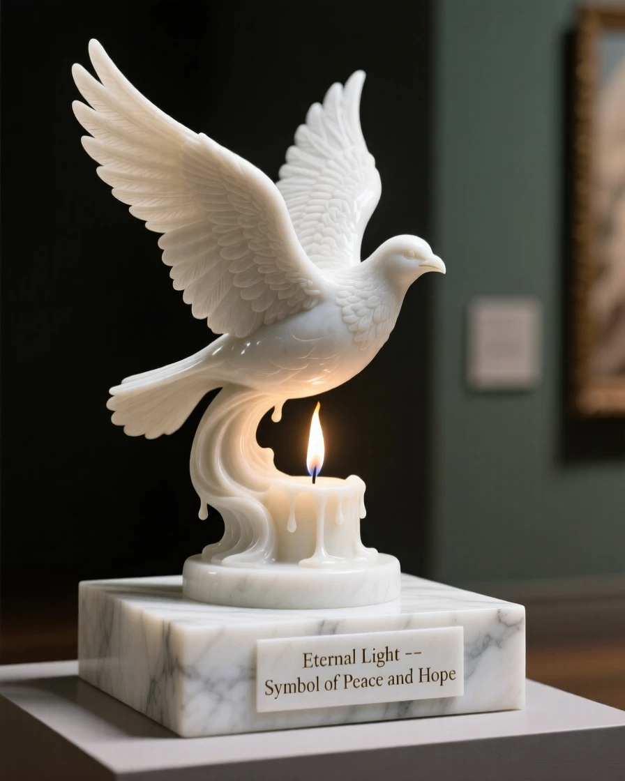 A symbolic, visually striking image of a candle flame shaped like a dove in flight, rich in meaning and emotional resonance