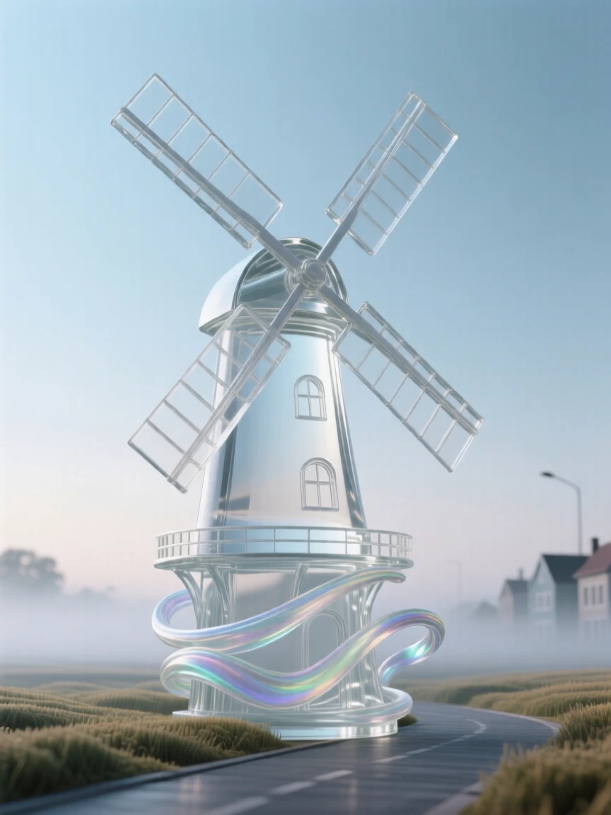 A windmill turning slowly against a backdrop of rolling fields, as morning fog drifts slowly through the streets below