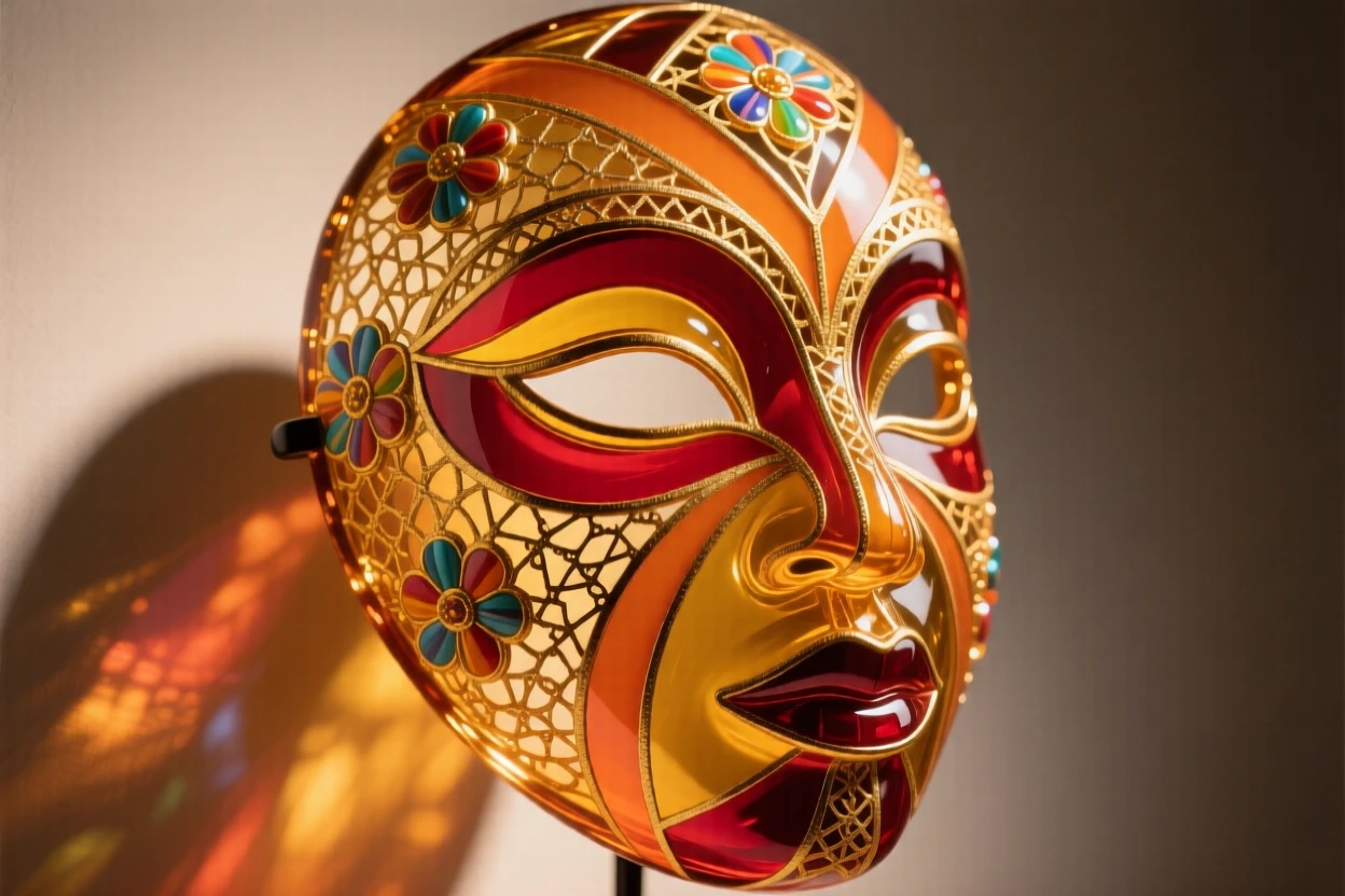 A traditional African mask with bold geometric patterns displayed in warm light, powerful and cultural.