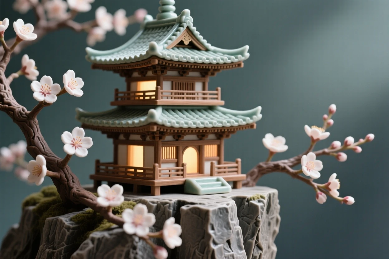 A traditional pagoda framed by cherry blossoms perched dramatically at the edge of a cliff, its windows glowing warmly from within, conveying serenity and architectural majesty.