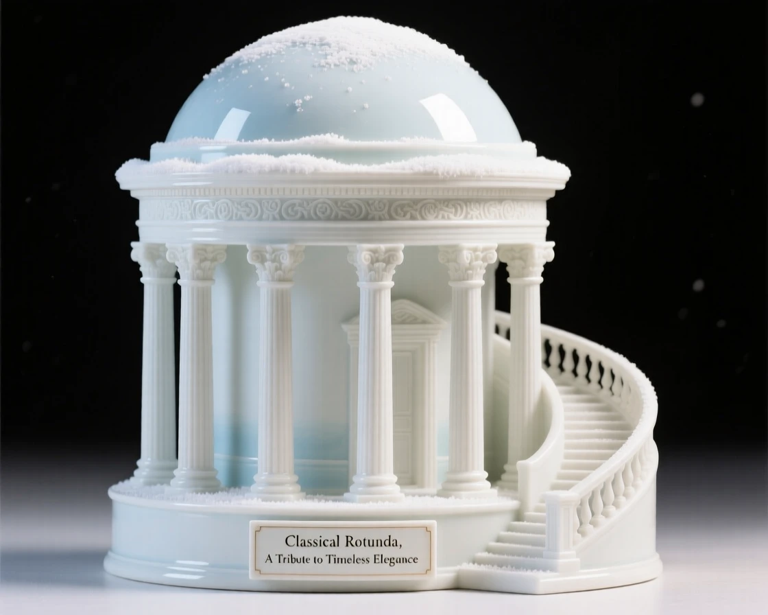 A grand view of a classical domed rotunda, dusted lightly with snow.