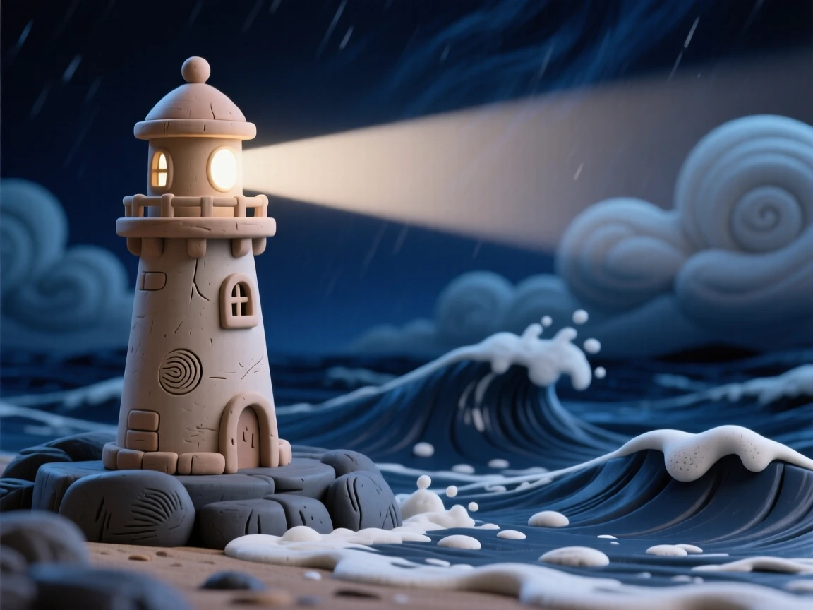 A lighthouse casting its beam across a stormy midnight sea
