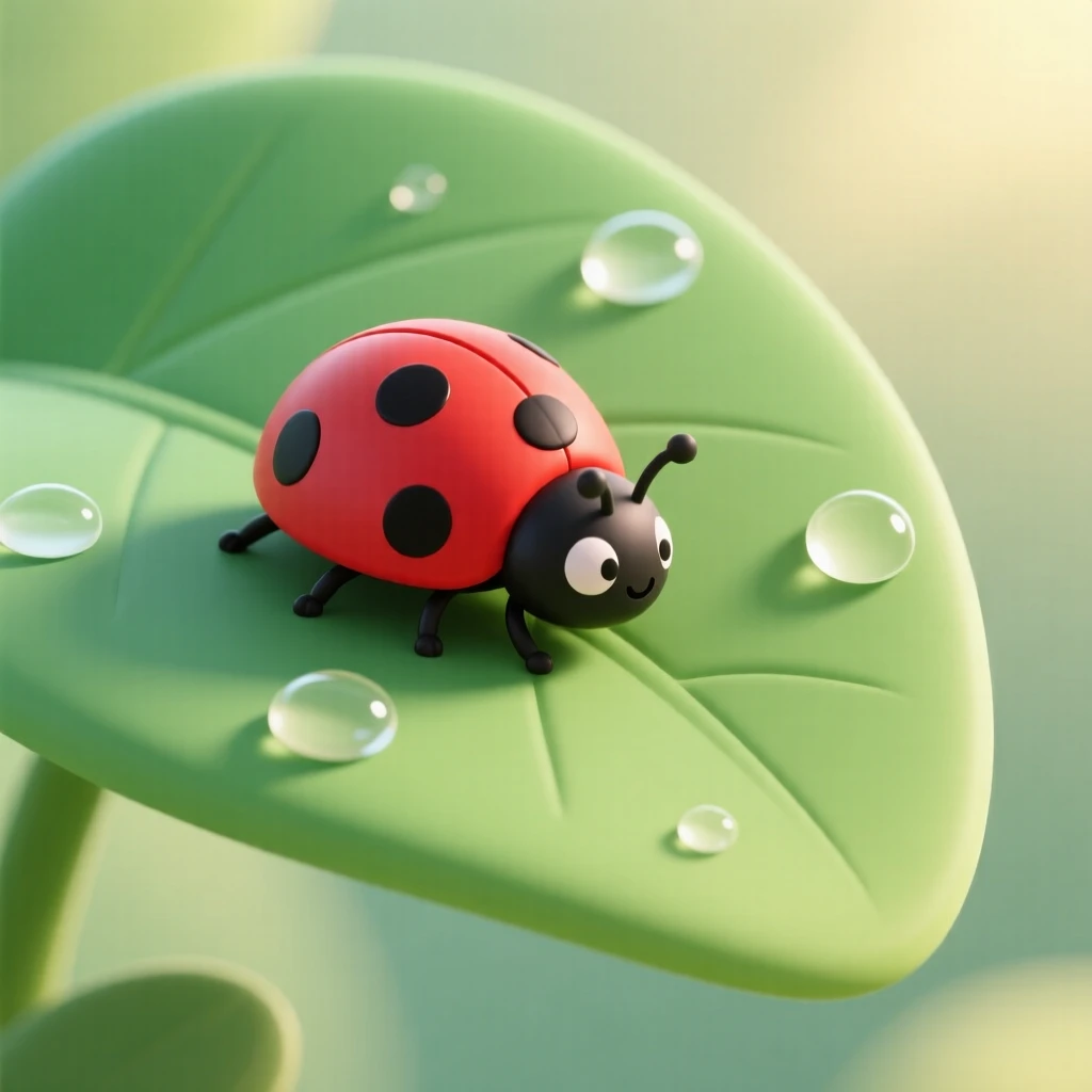 A curious ladybug crawls slowly across a dew-covered leaf, red shell gleaming in the early morning sunlight.