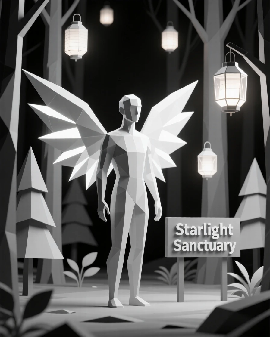 A celestial being with wings made of starlight, within a forest lit by floating lanterns. soft glowing light sources create dramatic highlights. The mood is mysterious yet inviting.