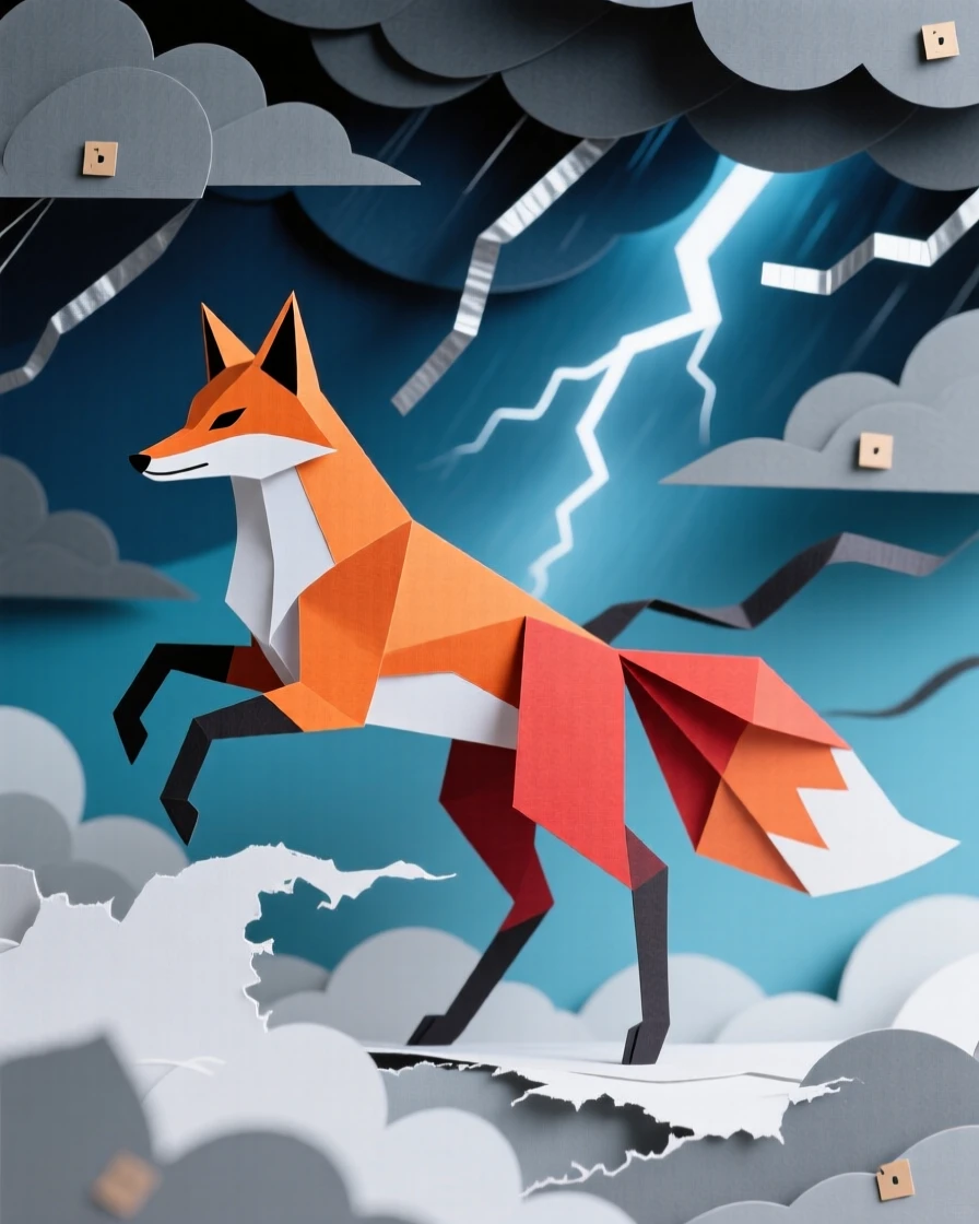 A shape-shifting fox spirit riding through a storm-lit sky, with distant thunder rumbling overhead, capturing epic scale and wonder.