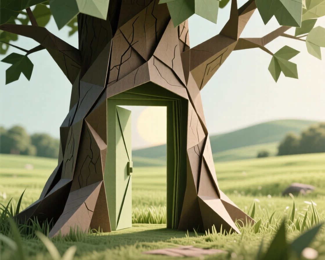 A hidden doorway carved into an ancient oak leading to a sunlit meadow beyond.