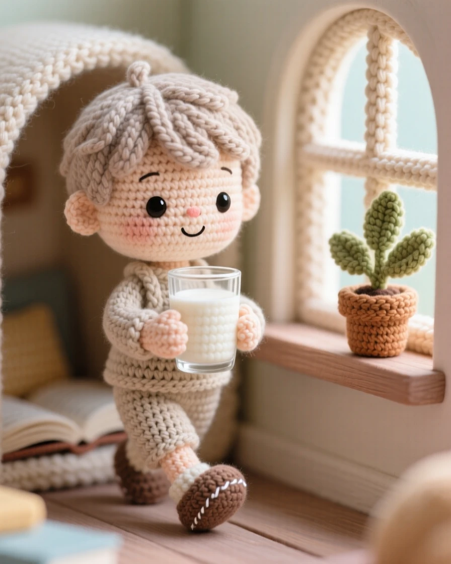 a small boy carefully carrying a glass of milk, with both hands steady, walking slowly across the kitchen, in a cozy reading nook tucked beside a window, with a small potted plant on the windowsill nearby, radiating tender, unspoken affection.