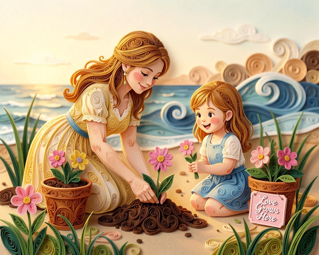 A heartwarming moment of a mother and daughter planting flowers in a garden on a quiet beach at golden hour, with a comforting, homely atmosphere throughout, framed with soft bokeh in the background.