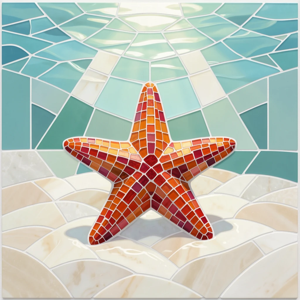 A dreamlike underwater view of a starfish resting on a bed of white sand beneath clear water, glowing with soft blue-green light.