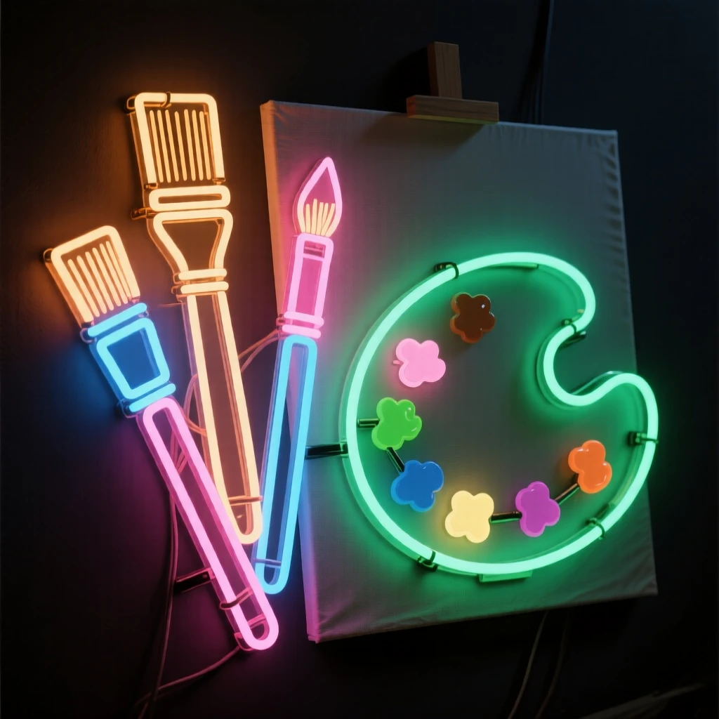 A set of paintbrushes and a palette resting beside a half-finished canvas.