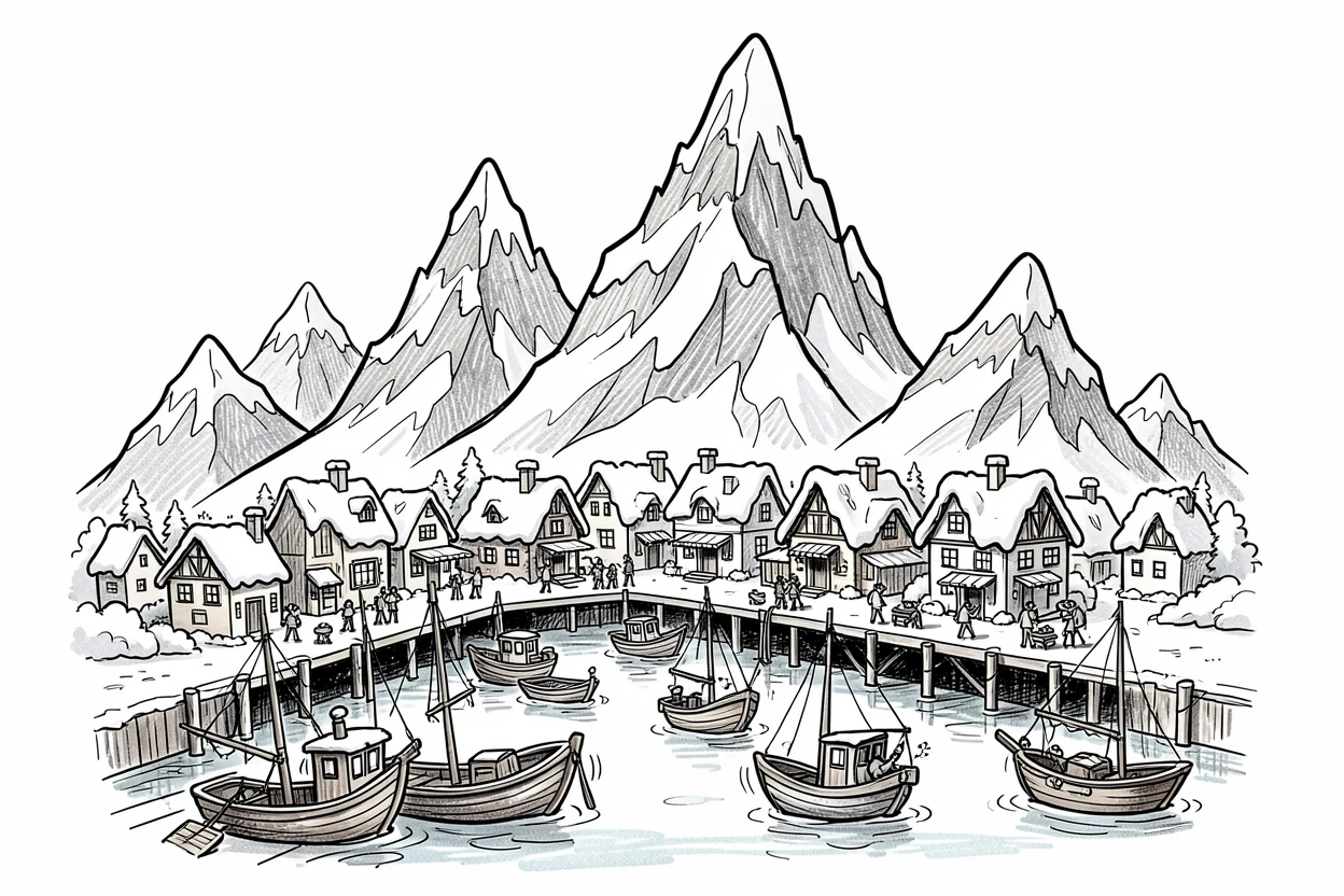A snow-capped mountain village beside a bustling harbor.