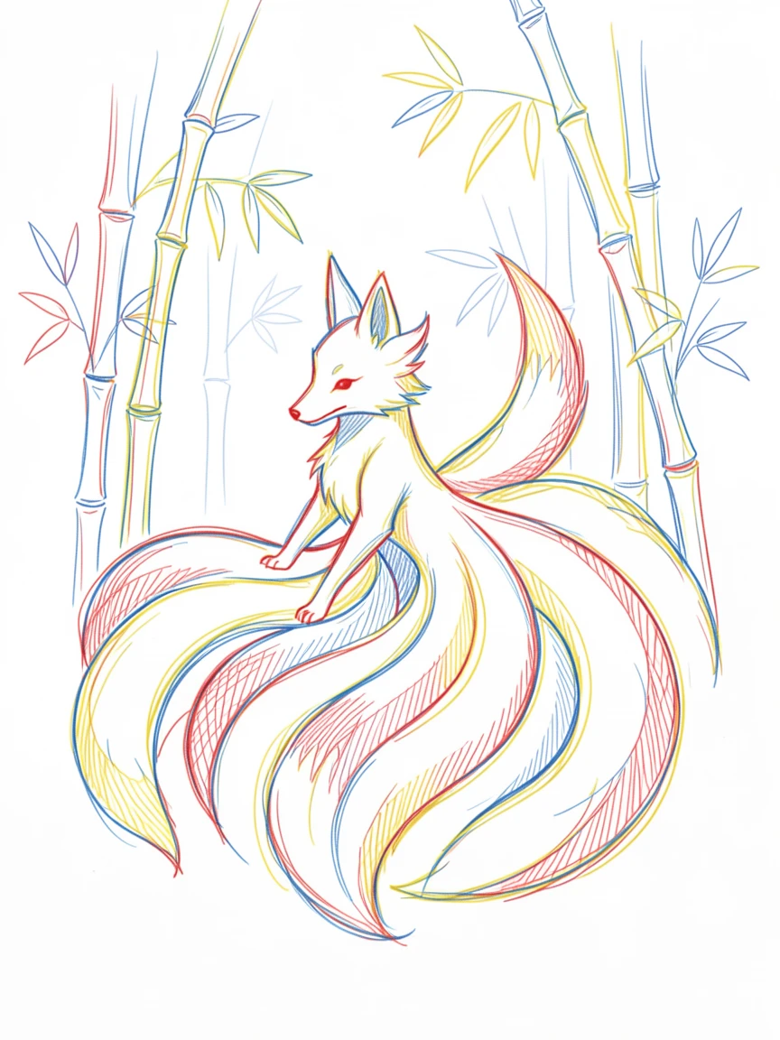 A shape-shifting spirit fox with nine glowing tails in a bamboo grove