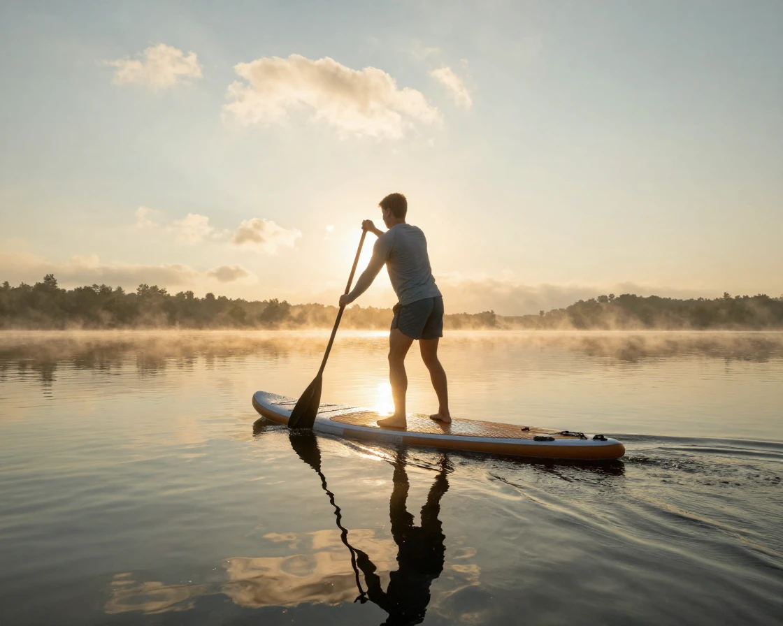 A paddleboarder gliding across a glassy lake at sunrise