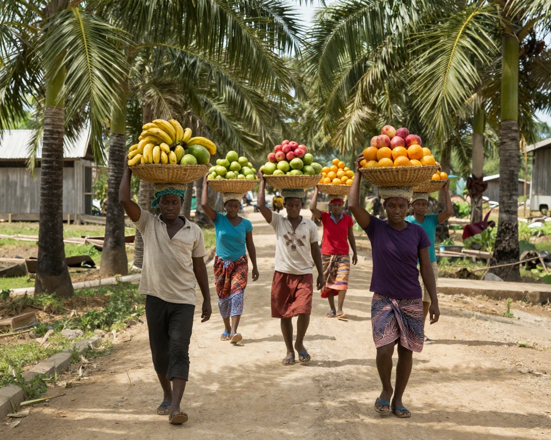 Villagers carry baskets of fruit on their heads along a dusty road lined with palm trees.