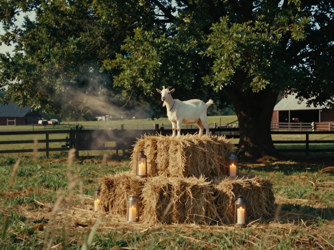 A goat perched atop a stack of hay bales, under flickering candlelight, with a soft breeze stirring the air, in the height of summer, with deep emerald greens and browns, from a wide establishing view.