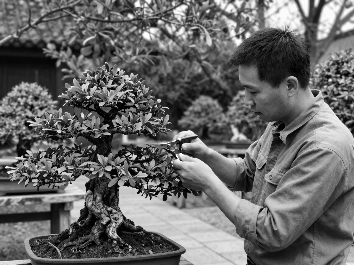 A bonsai gardener trims a tiny tree with careful precision in a quiet garden courtyard.