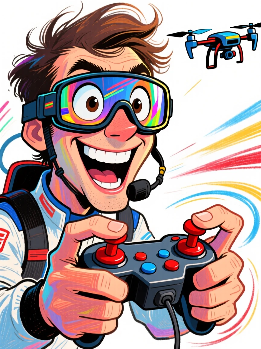 A drone racing pilot gripping goggles, controller thumbs moving rapidly.