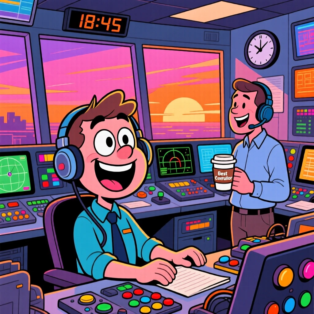 A vibrant profession-themed portrait of a busy air traffic controller laughing at a joke from a coworker mid-shift, as the sun sets behind the workplace.