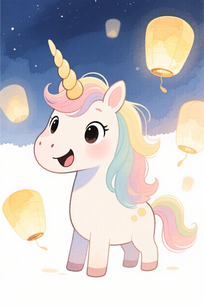 A unicorn with a flowing mane surrounded by floating lanterns at twilight