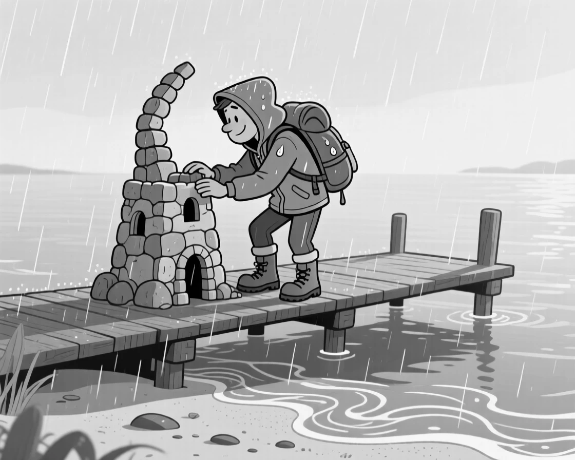 A hiker caught in a sudden, comical rain shower, patting the final crooked tower proudly into place, set on a quiet dock at golden hour. Seafoam traces delicate patterns in the sand. It captures the quiet wonder of the changing seasons.