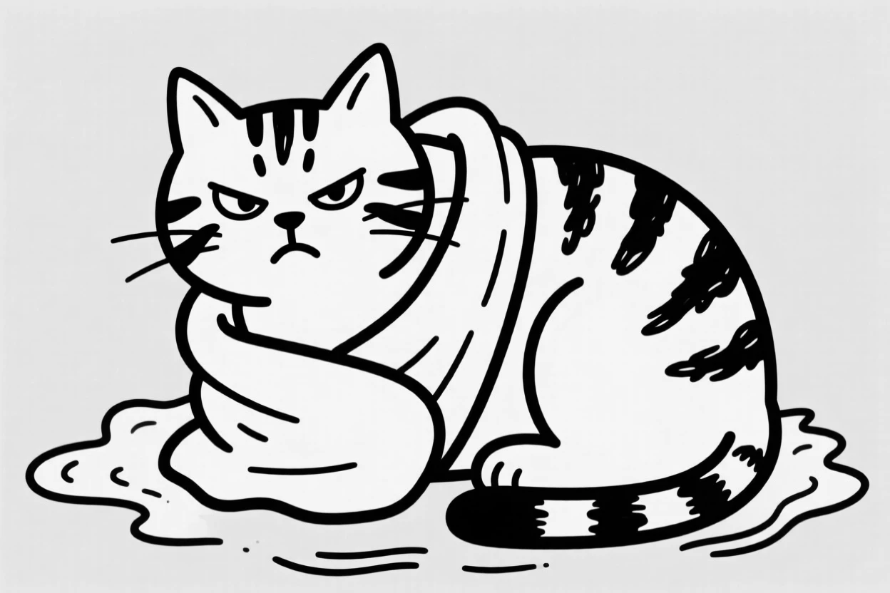 A tabby cat wrapped in a towel after a bath, looking grumpy but adorable.