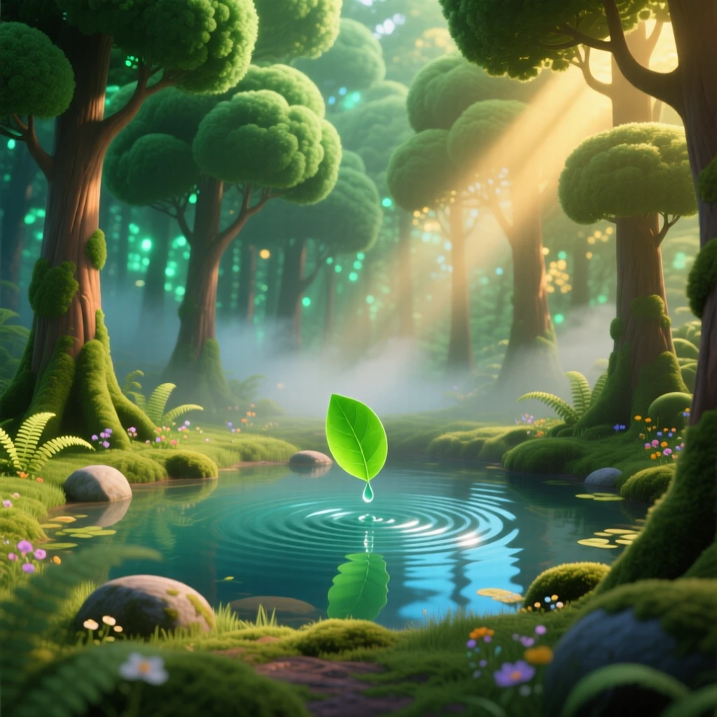 A dense emerald forest glows while a soft mist rolls gently across the ground, with small ripples spreading outward across a pond. A calming stillness settles over the landscape.