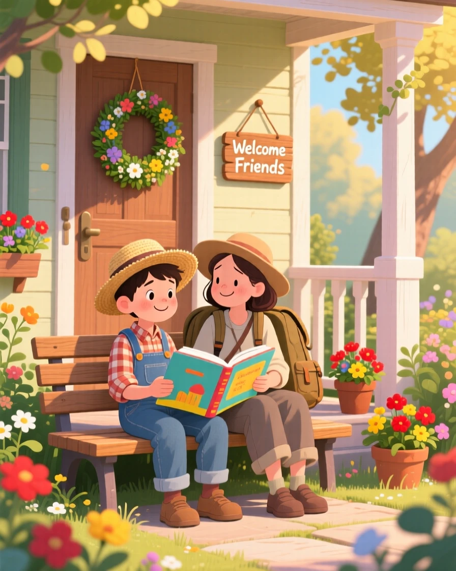 A young farmer and a tired traveler share a tender moment reading together on a park bench in a cozy front porch, as warm smiles are exchanged.