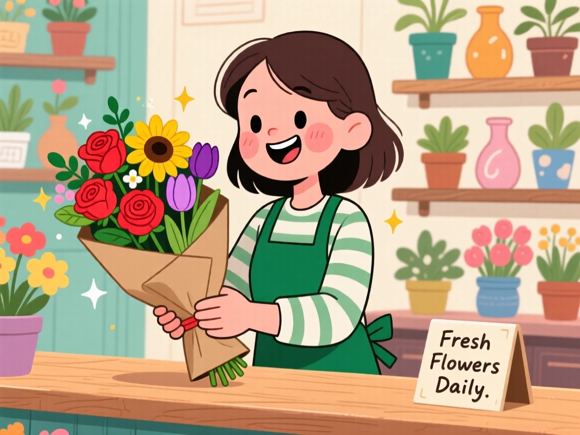 A florist wrapping a bouquet in brown paper for a customer.