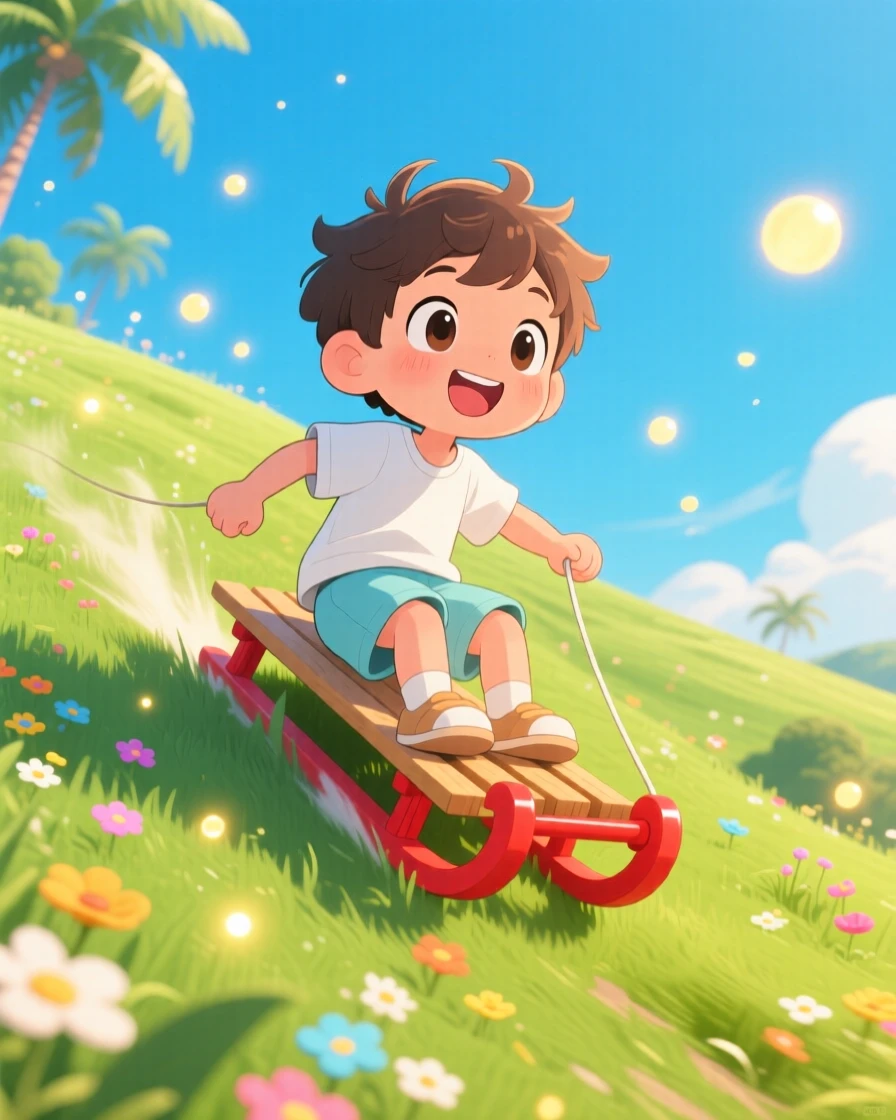 In a rolling green hillside, a small boy is flying down a grassy hill on a sled in summer on a warm tropical afternoon, bathed in warm fairy-light glow, expression full of eager anticipation. Shot as a low-angle shot looking up.