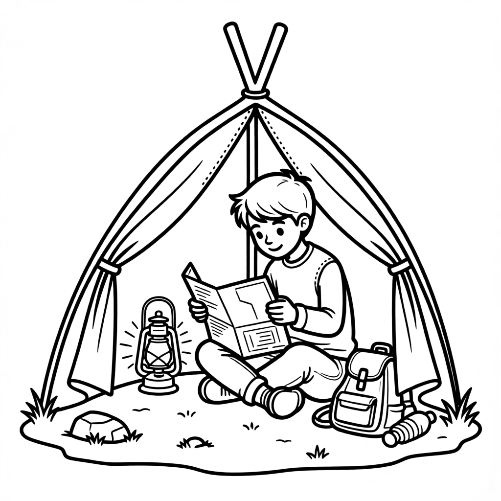 A young explorer studying a map by lantern light in a tent