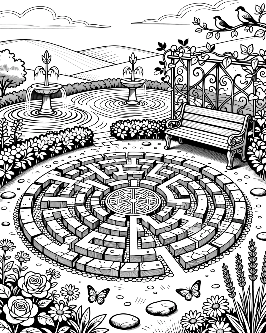 A meditation labyrinth laid out in stone within a quiet garden.
