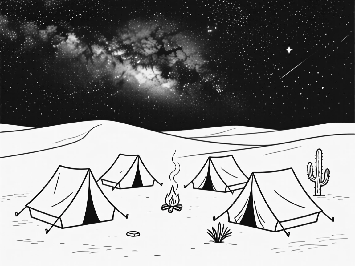 A desert stargazing camp with tents beneath the Milky Way